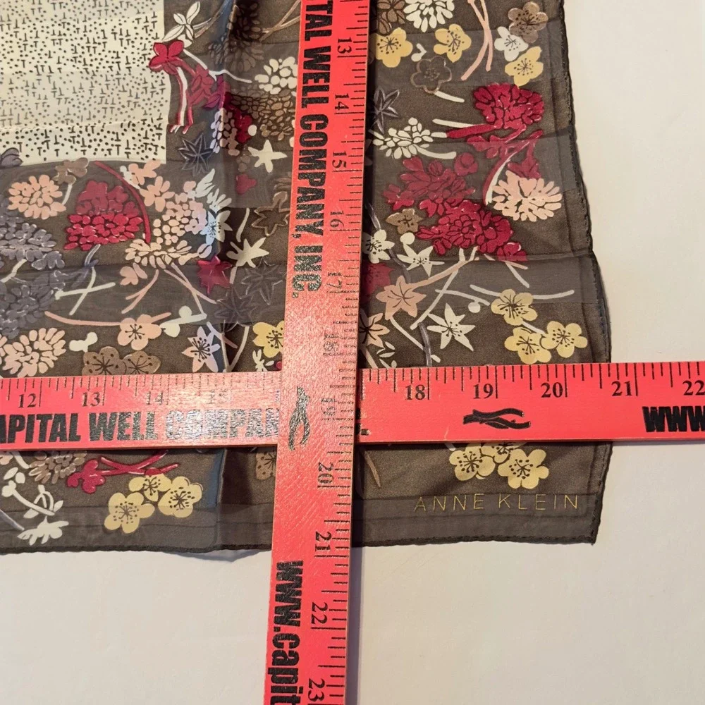 Floral Silk Square‎ Scarf Brown Red Sheer Printed in Korea Vintage 90s Y2K